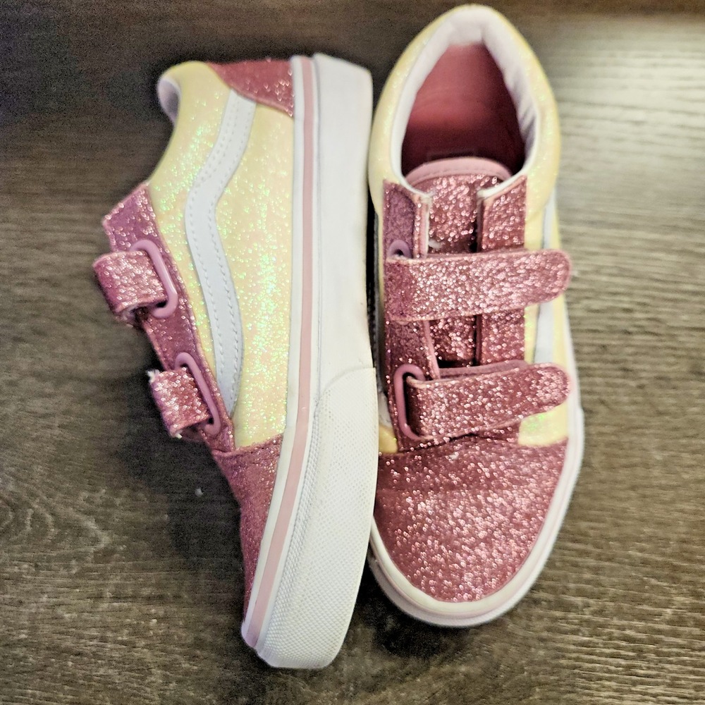 VANS Glitter Hook & Loop Low Top Sneakers Pink Yellow White Kids Girls Size 1